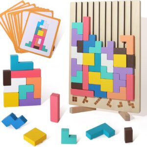 Wooden Colored 3D Russian Block Puzzle Jigsaw Stacking Toys Educational Gift for Boys and Girls Board Game for Toddlers Brain Blocks Teasers for Toddlers 3-6 Years