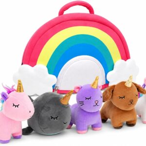 Unicorn Stuffed Animal Set - 5 Plush Toys for Girls with Narwhal, Puppycorn, Kittycorn and Rainbow Unicorn - Soft Plushies with Carry Case - Gift for Kids Ages 3 and Up