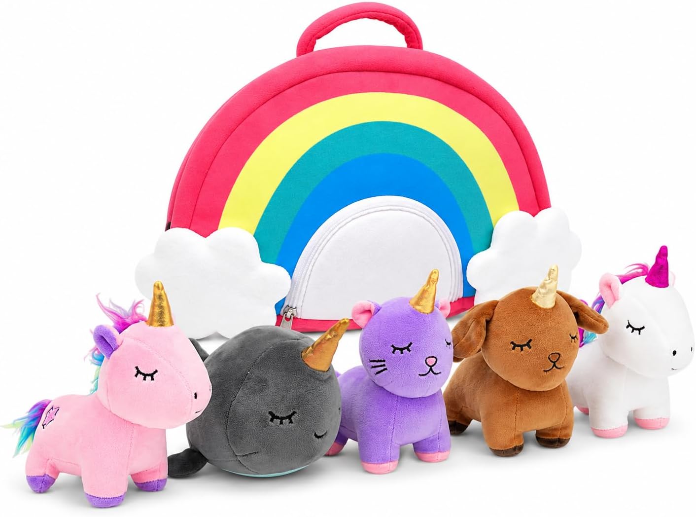 Unicorn Stuffed Animal Set - 5 Plush Toys for Girls with Narwhal, Puppycorn, Kittycorn and Rainbow Unicorn - Soft Plushies with Carry Case - Gift for Kids Ages 3 and Up