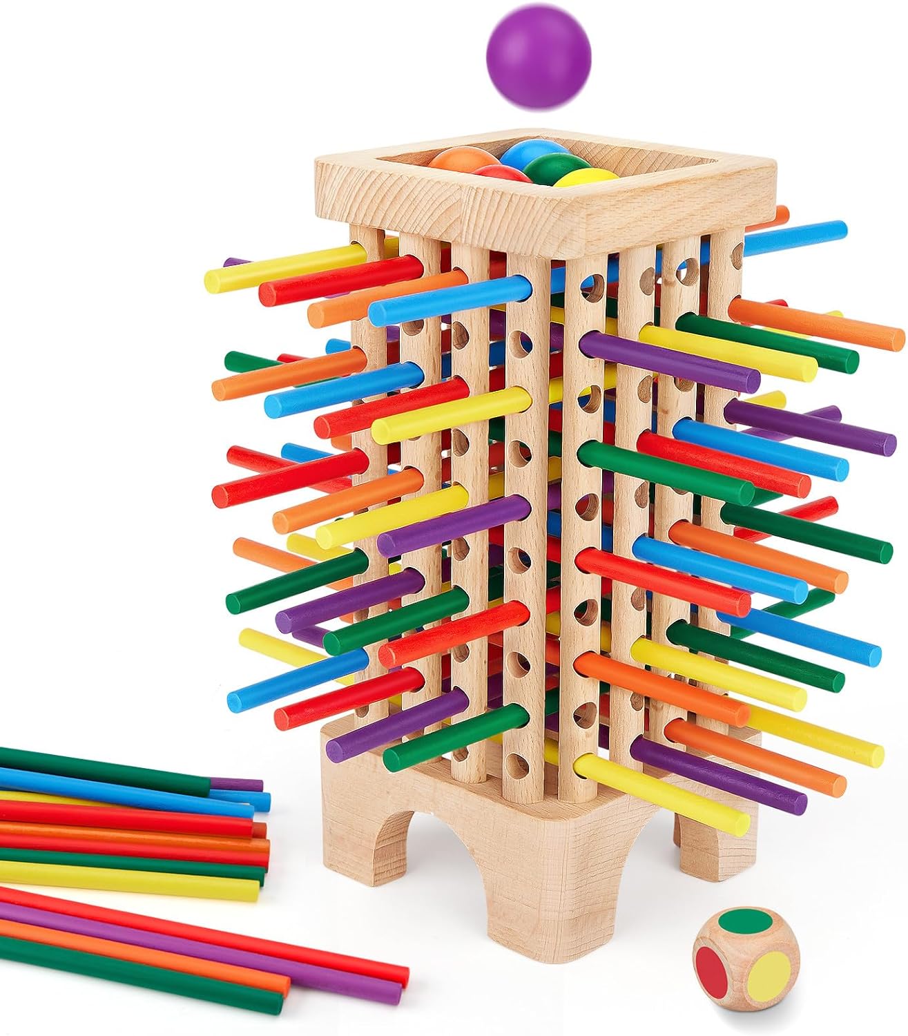 Game Wooden Board Game, 42 Colorful Wooden Sticks Dice Game Math Educational Toys for 3 4 5 6 Years Old, Fine Motor Skills Toys & Counting Toy Family Game Travel Toys Gifts for Kids