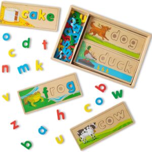 Wooden Educational Toy with 8 Double-Sided Spelling Boards and 64 Letters Preschool Learning Activities, See & Spell Learning Toys for Kids Ages 4+