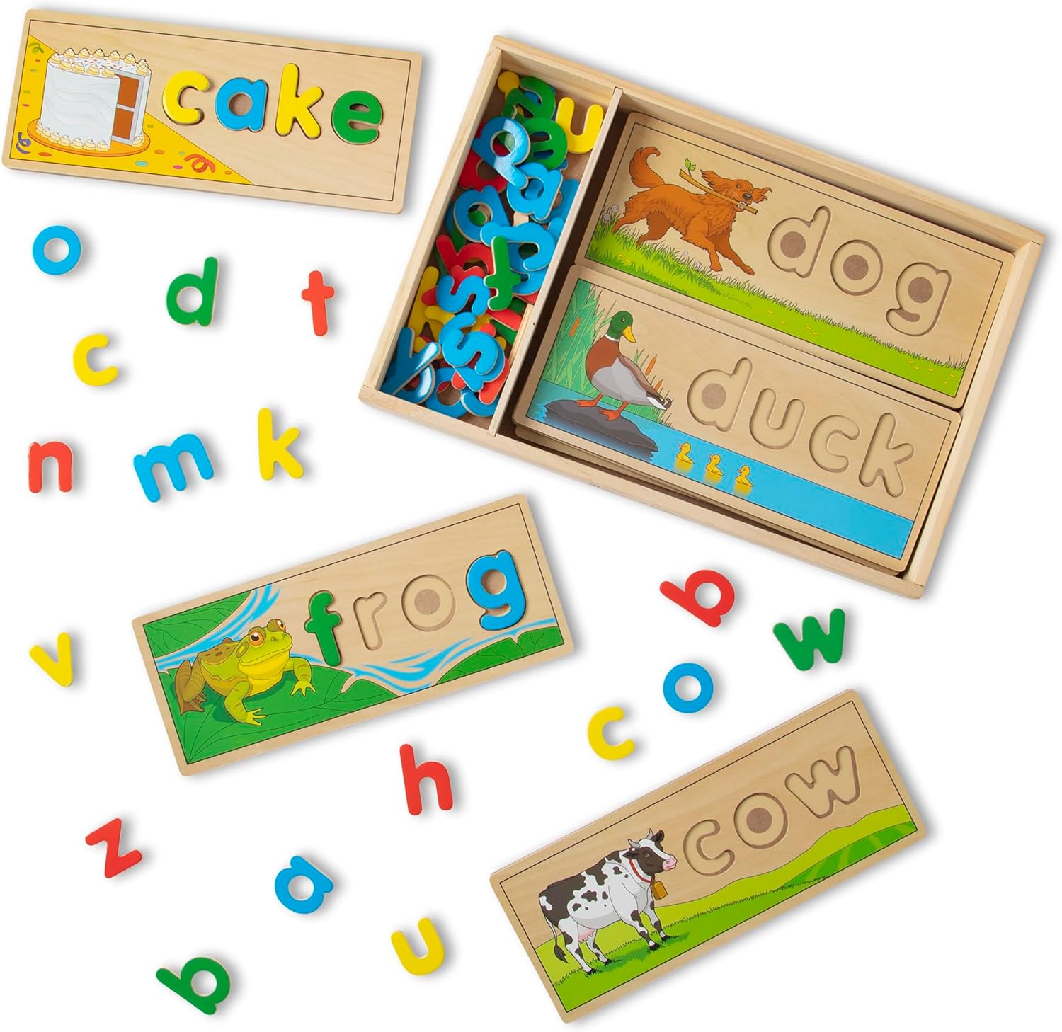 Wooden Educational Toy with 8 Double-Sided Spelling Boards and 64 Letters Preschool Learning Activities, See & Spell Learning Toys for Kids Ages 4+