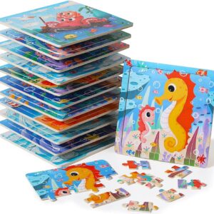 Wooden Puzzle for Toddlers 3 4 5 Years Old, 12 PCS Jigsaw Ocean Animals Puzzles Preschool Learning Toys for Travel or Car, Birthday for Boys and Girls