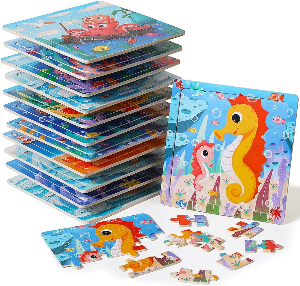 Wooden Puzzle for Toddlers 3 4 5 Years Old, 12 PCS Jigsaw Ocean Animals Puzzles Preschool Learning Toys for Travel or Car, Birthday for Boys and Girls