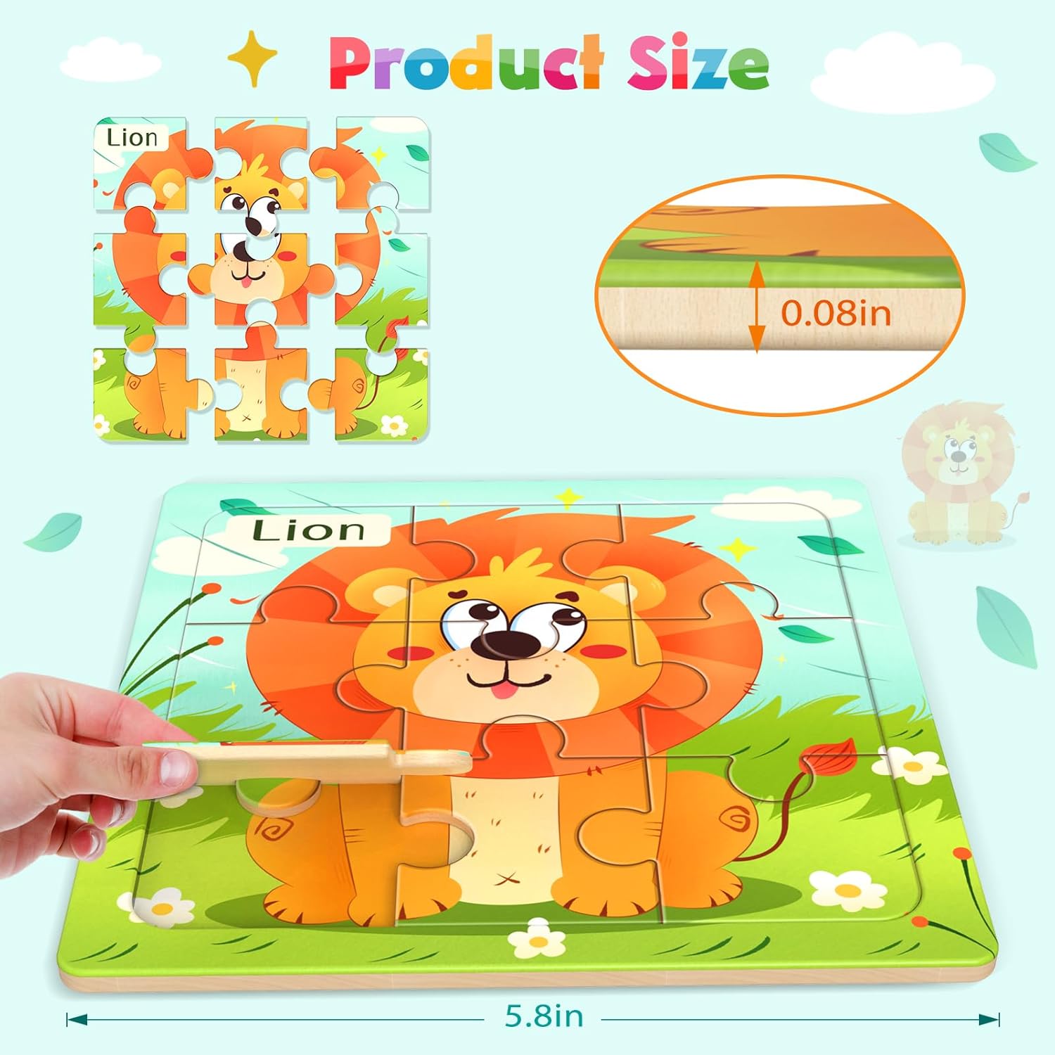 Wooden Puzzles for Toddlers, 8 Pack Animal Jigsaw Puzzles for Kids3-5, 9 Pieces Preschool Learning Activities, Learning & Educational Toys, Gift for Boys, Girls - Image 2