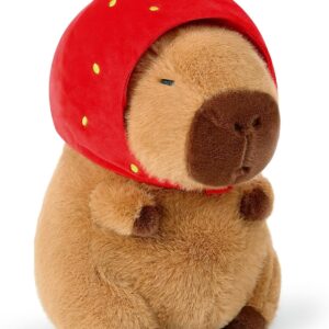 Cute Capybara Plush Wear Strawberry Hat Soft Capibara Stuffed Animal Plushies Toys Hugging Gifts for Kids Brown 9 inch