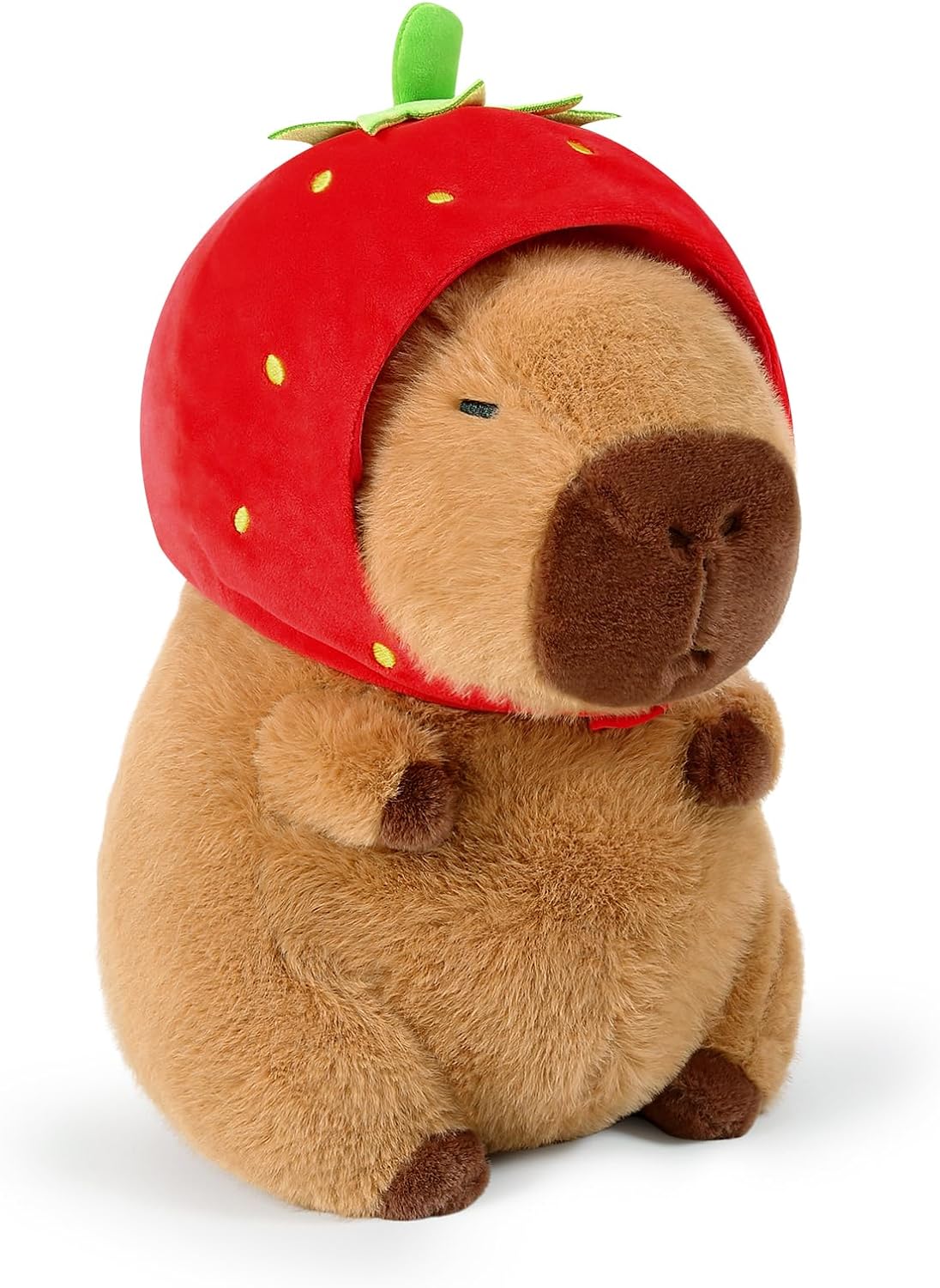 Cute Capybara Plush Wear Strawberry Hat Soft Capibara Stuffed Animal Plushies Toys Hugging Gifts for Kids Brown 9 inch