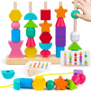 Wooden Beads Sequencing Toy Set, Stacking Blocks & Lacing Beads & Matching Shape Stacker, Toys for 3 4 5 Year Old Preschool Learning Toys Gifts for Kids Boy Girl Toddler