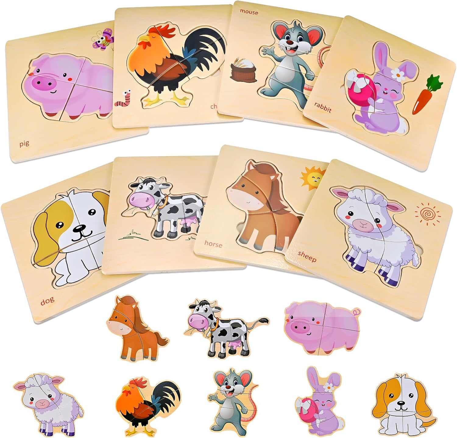 8pcs Wooden Puzzles for Toddlers 1-2-3-4, Farm Toddler Puzzles Ages 1-2-3-4, Educational Jigsaw Toys Preschool Puzzle Christmas Birthday Gift for Kids Girl Boy 1-4 Year Old