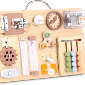 Board for Toddlers 16-in-1 Wooden Sensory Activity Board with Music Box Fine Motor Skills Learning Toy Preschool Educational Travel Gift for Boys Girls Ages 1-3