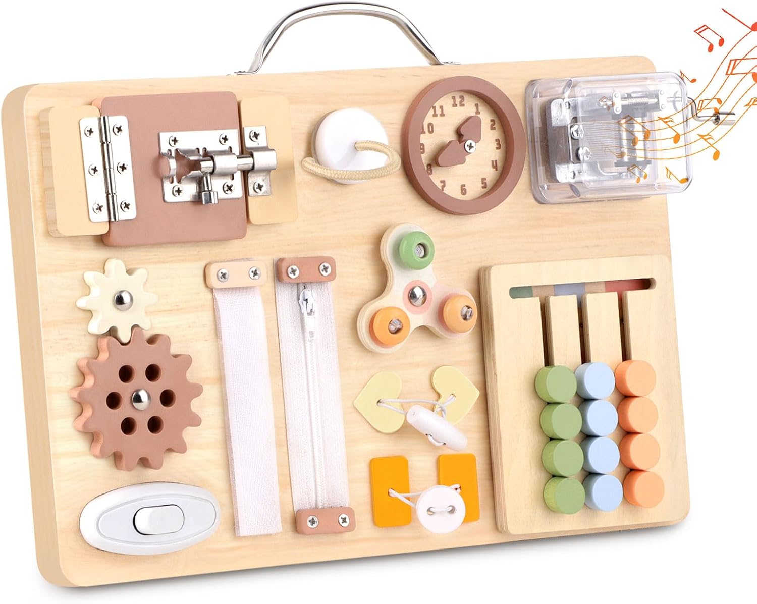 Board for Toddlers 16-in-1 Wooden Sensory Activity Board with Music Box Fine Motor Skills Learning Toy Preschool Educational Travel Gift for Boys Girls Ages 1-3