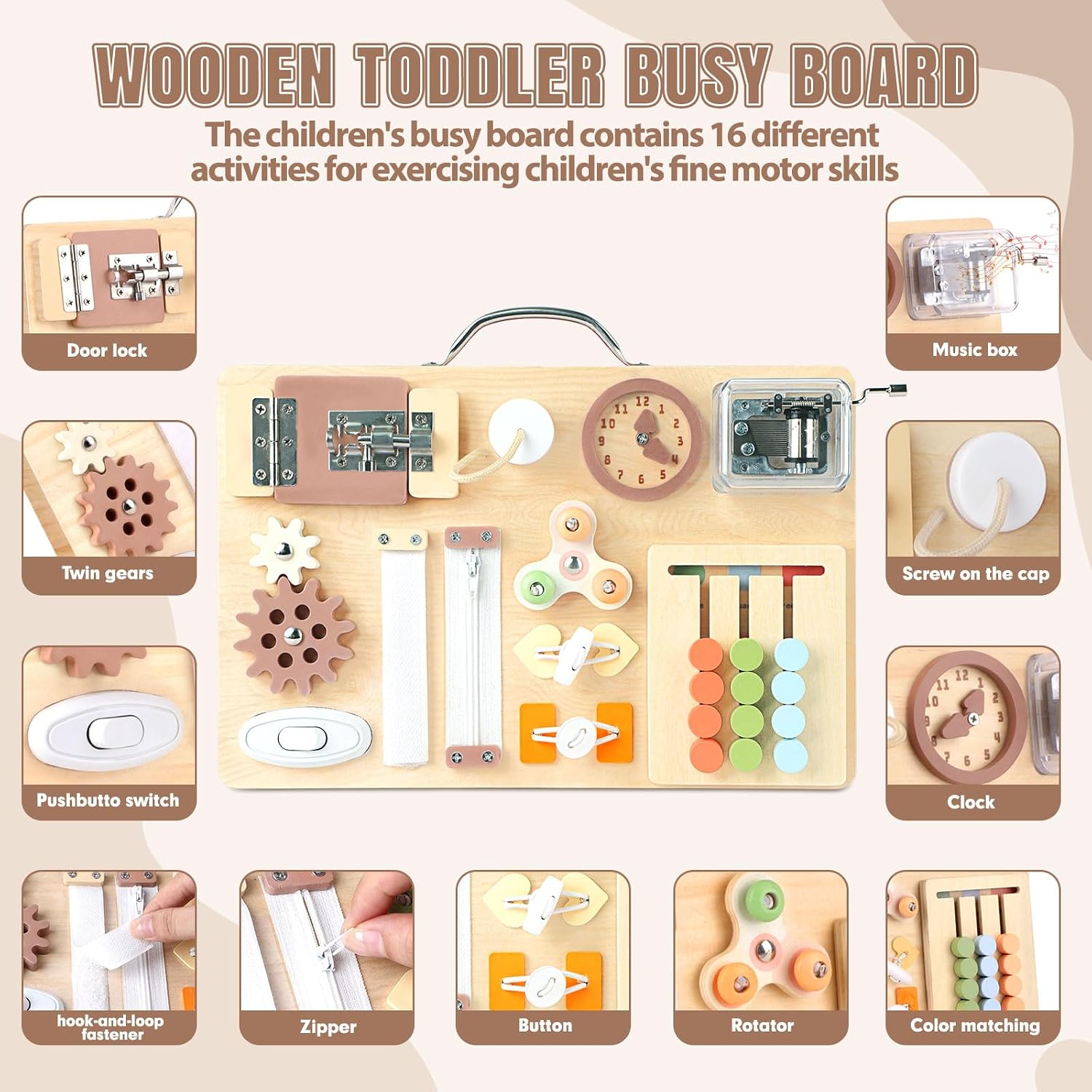 Board for Toddlers 16-in-1 Wooden Sensory Activity Board with Music Box Fine Motor Skills Learning Toy Preschool Educational Travel Gift for Boys Girls Ages 1-3 - Image 2