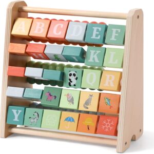 Wooden Activity Cube - Double-Sided Abacus & Alphabet Flip Tiles for Toddlers 18M+, Educational Counting Toy for Preschool and Homeschool Learning