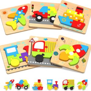 Wooden Toddler Puzzles Gifts Toys for 1 2 3 Years Old Boys Girls, 6 Vehicle Shape Toys Educational Blocks Kids Toys Gift Baby Learning Toy Age 1-3, 2-4