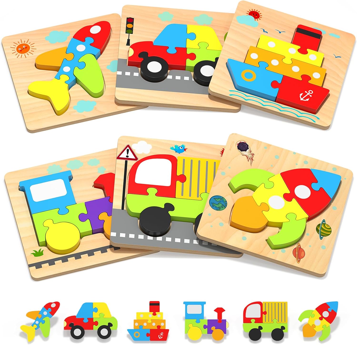 Wooden Toddler Puzzles Gifts Toys for 1 2 3 Years Old Boys Girls, 6 Vehicle Shape Toys Educational Blocks Kids Toys Gift Baby Learning Toy Age 1-3, 2-4