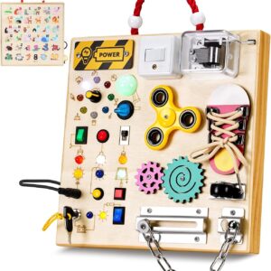 Wooden Board Toys for 1 2 3 Boys Girls,Toddler Sensory Educational Fidget Board Travel Toy with LED Light Up Switches & Music Boxes, Locks for Kids Gifts