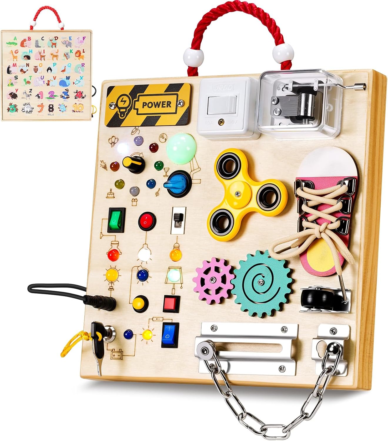 Wooden Board Toys for 1 2 3 Boys Girls,Toddler Sensory Educational Fidget Board Travel Toy with LED Light Up Switches & Music Boxes, Locks for Kids Gifts