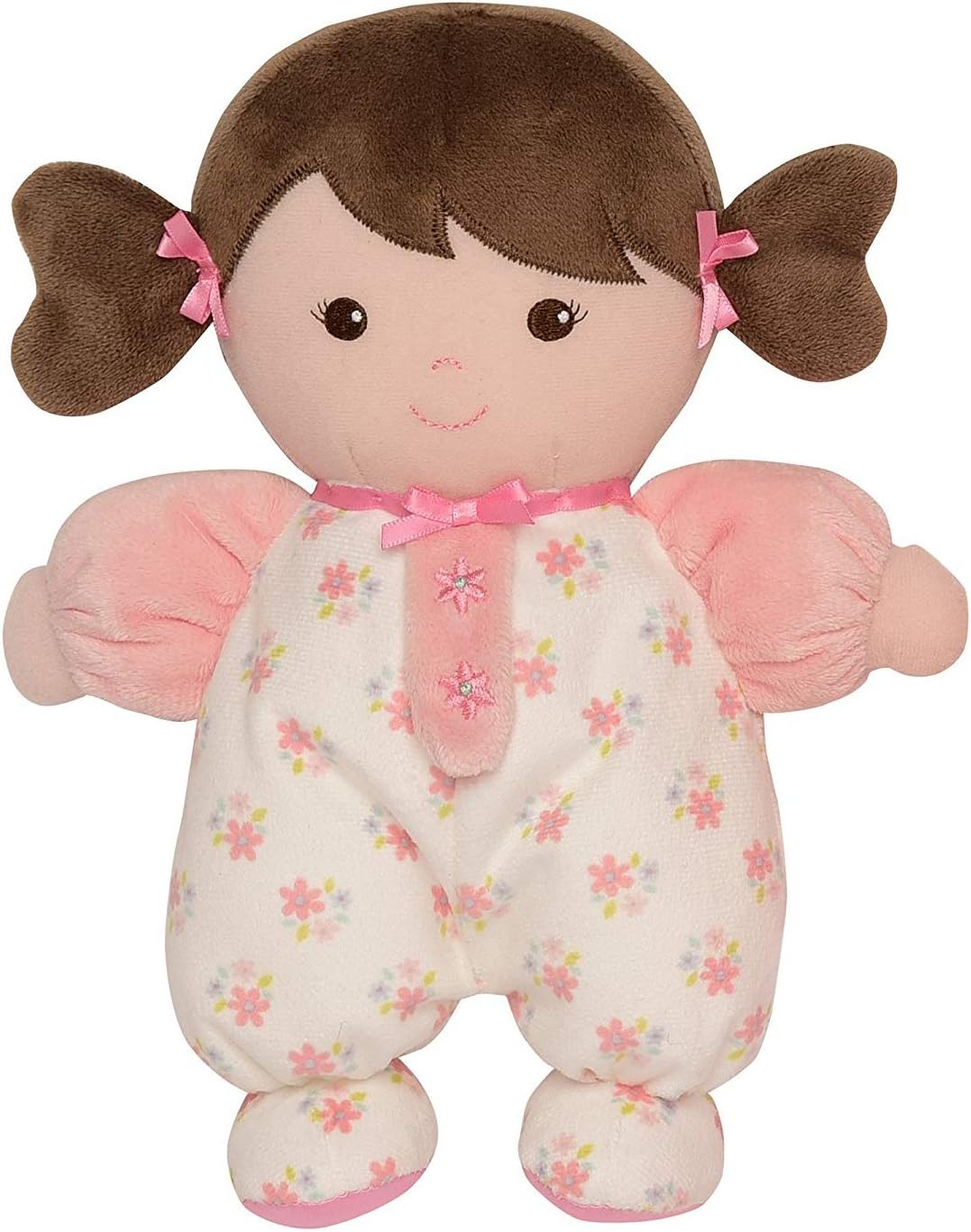Plush Baby Doll with Rattle, Brunette , Pink, 9 inch