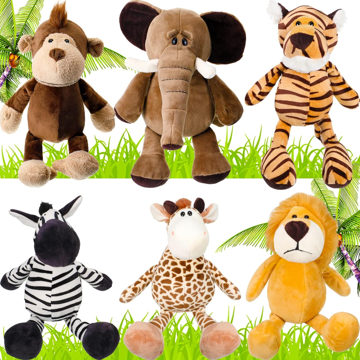 6 Pieces Safari Stuffed Animals Plush Jungle Animal Toys Set for 2026 Decorations Lion Elephant Zebra Giraffe Tiger Monkey for Boys Girls Birthday Animal Themed Parties