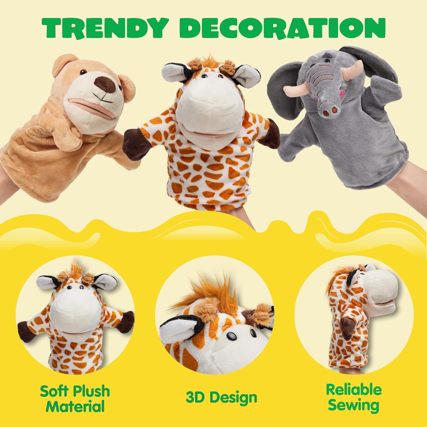 6Pcs Kids Hand Puppet Set with Working Mouth, Toddler Plush Toy Includes Elephant, Giraffe, Lion, Bear, Raccoon and Monkey for Show Theater, Easter Birthday Gifts for Kid - Image 2