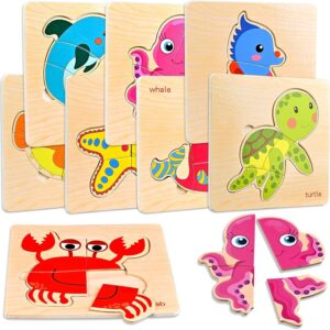 8pcs Wooden Puzzles for Toddlers 1-3, Toddler Puzzles Ages 2-4, Toys for 1-3+ Years Girl Boy, Sea Animal Puzzle for Kids, Jigsaw Puzzle Educational Toys Preschool for 1-4