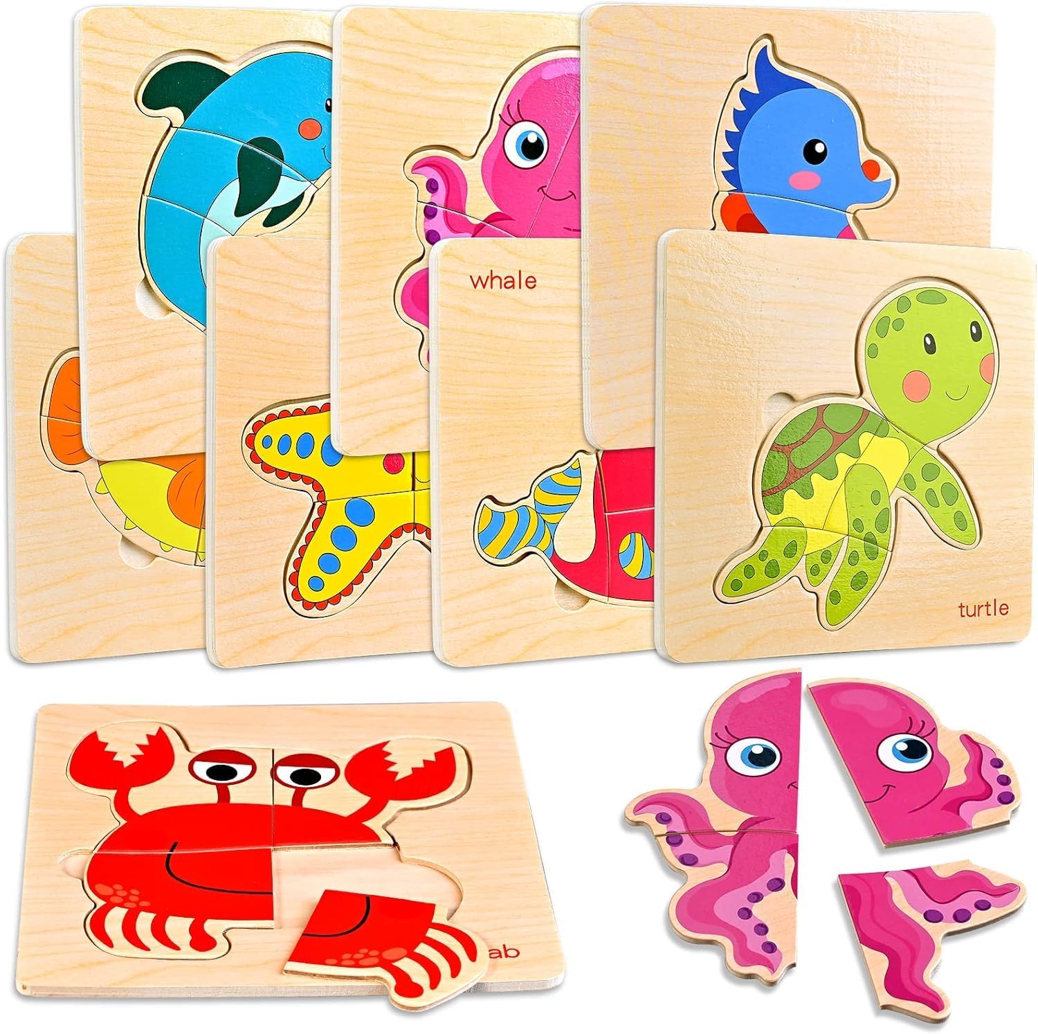 8pcs Wooden Puzzles for Toddlers 1-3, Toddler Puzzles Ages 2-4, Toys for 1-3+ Years Girl Boy, Sea Animal Puzzle for Kids, Jigsaw Puzzle Educational Toys Preschool for 1-4