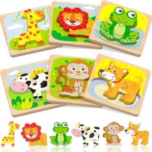 Wooden Toddler Puzzles, 6pcs Animal Toys for 1-3 Year Old Boys & Girls, Learning Educational Preschool Toys, Great Gifts for 1 2 3 Year Olds