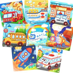 Wooden Puzzles for Toddlers, 8 Pack Vehicle Jigsaw Puzzles for Kids3-5, 9 Pieces Preschool Learning Activities, Learning & Educational Toys, Gift for Boys, Girls