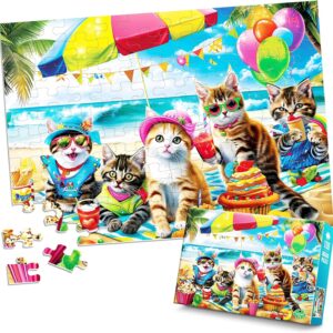 Puzzles for Kids Ages 4-8 6-8 8-10 Year Old and Seniors - Funny Cats Puzzle Beach Kitten Jigsaw Puzzles, 100 Piece Puzzle for Toddler Children Learning Educational Puzzles Toys for Boys and Girls