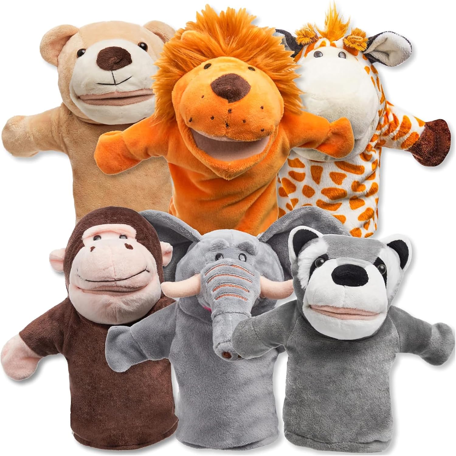 6Pcs Kids Hand Puppet Set with Working Mouth, Toddler Plush Toy Includes Elephant, Giraffe, Lion, Bear, Raccoon and Monkey for Show Theater, Easter Birthday Gifts for Kid