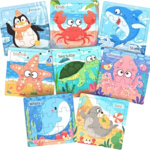 Wooden Puzzles for Toddlers, 8 Pack Sea Animal Jigsaw Puzzles for Kids3-5, 9 Pieces Preschool Learning Activities, Learning & Educational Toys, Gift for Boys, Girls