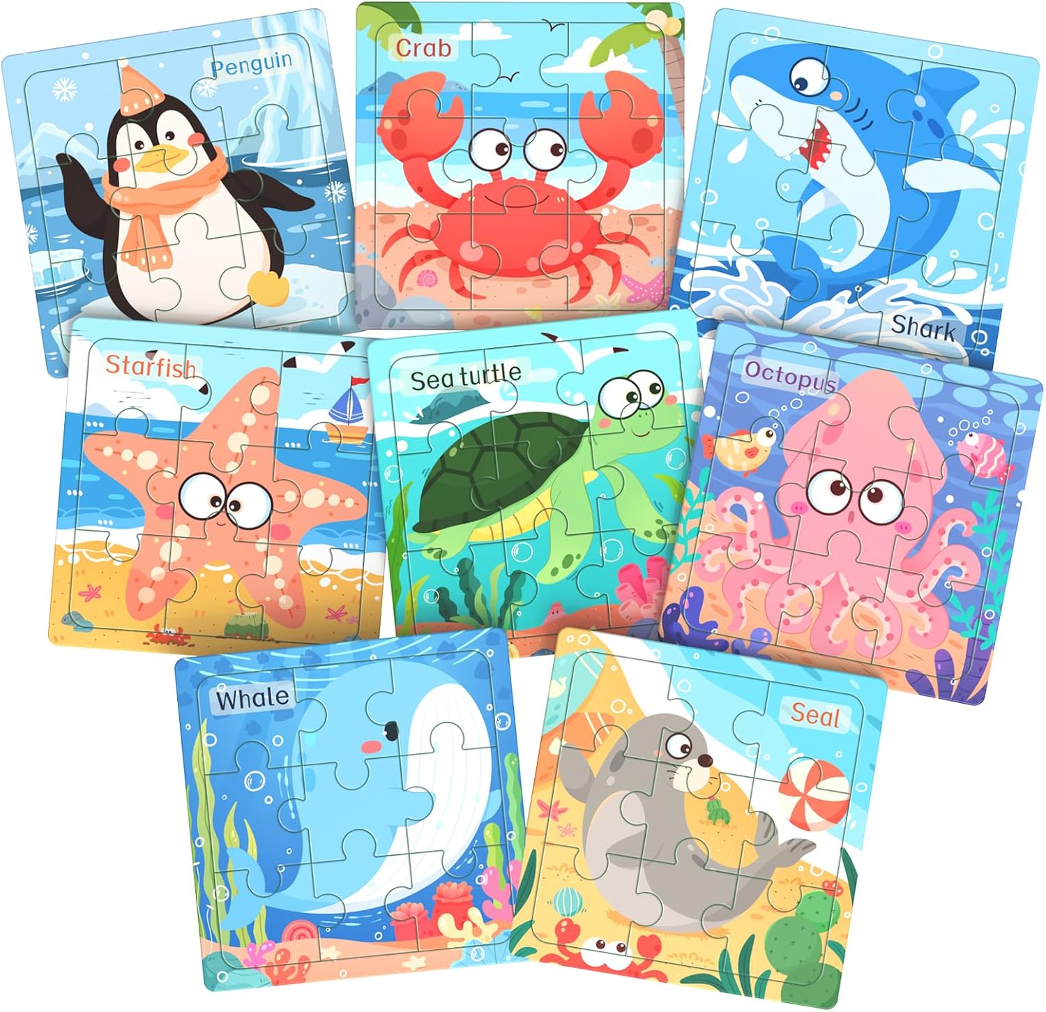 Wooden Puzzles for Toddlers, 8 Pack Sea Animal Jigsaw Puzzles for Kids3-5, 9 Pieces Preschool Learning Activities, Learning & Educational Toys, Gift for Boys, Girls
