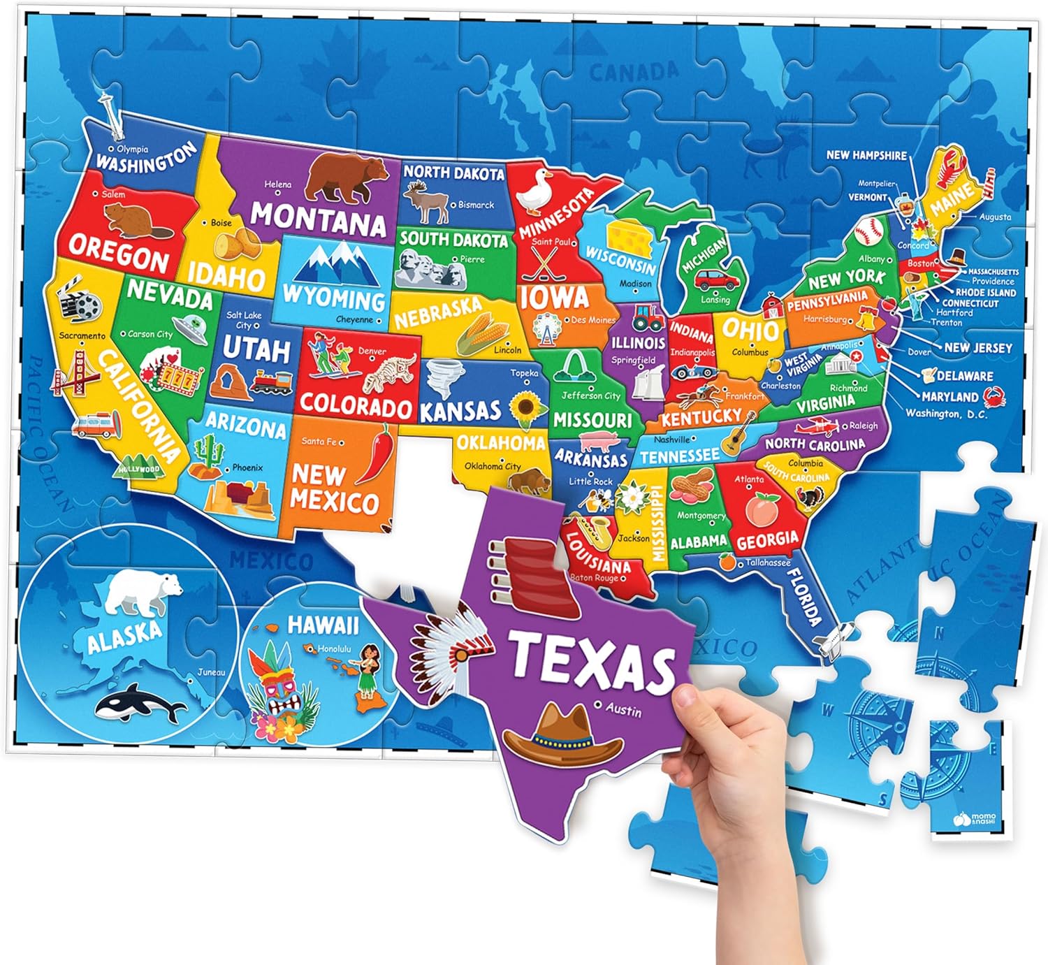 United States Puzzles for Kids Ages 4-6, 6-8 - Educational Toys for Boys & Girls - 70Pcs USA Map Kids Puzzle with 50 States & Capitals - Floor Jigsaw Puzzles - Learning Activities, Gifts for Children